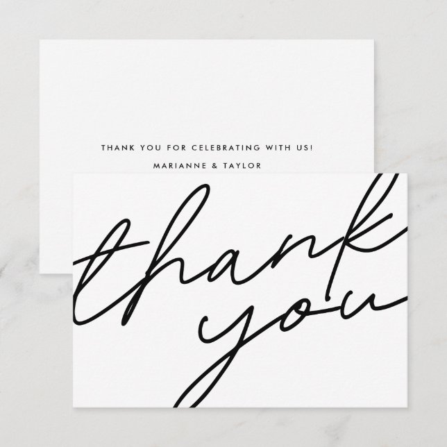 Modern Black White Calligraphy Script Bröllop Tack Kort (Fram/baksida)