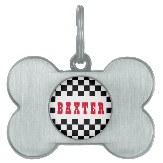 Modern Black White Checkated Hund Cat Puppy Namn ID-bricka Husdjur (Framsidan)