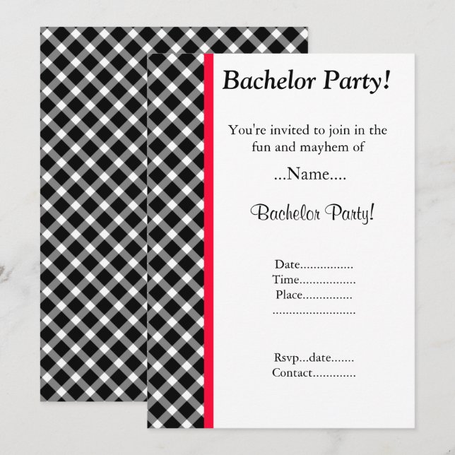 MODERN BLACK WHITE CHECKERED BACHELOR PARTY INBJUDNINGAR (Fram/baksida)