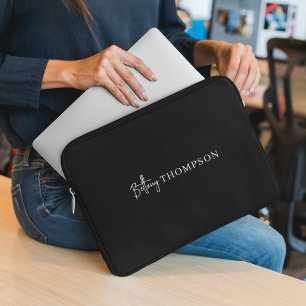 Modern Black White Chic Script Monogram Laptop Fodral