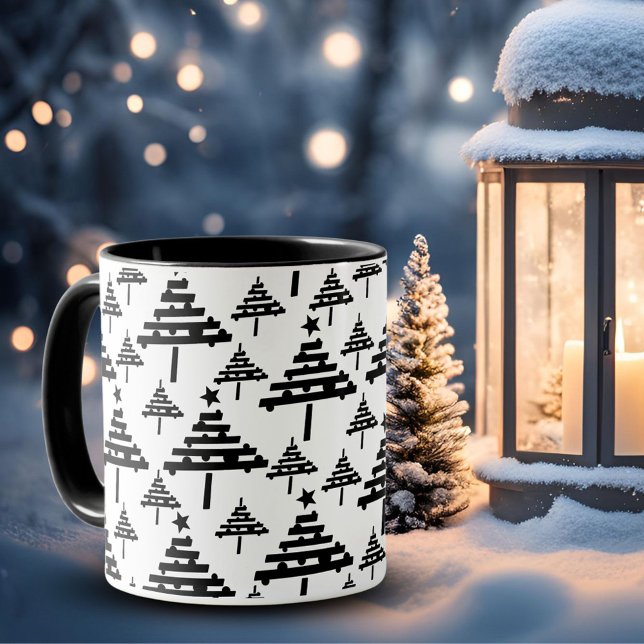 Modern Black White Christmas Tree Pattern Mugg (Skapare uppladdad)