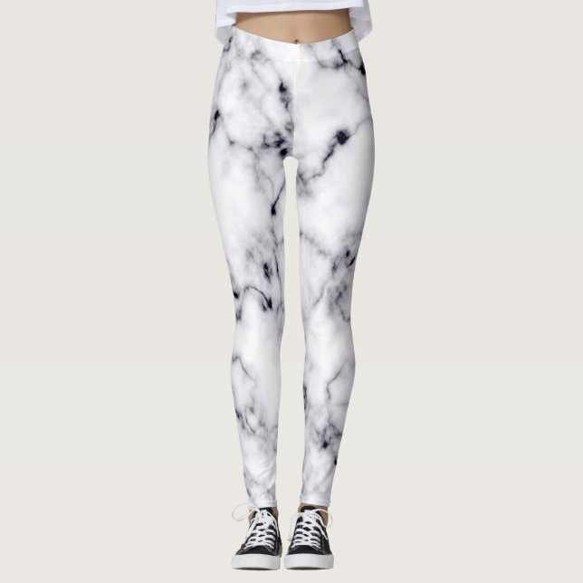 Modern Black White Designer Marble Mönster Leggings (Framsida)