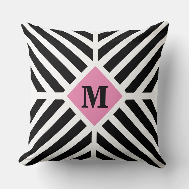 Modern Black White Diagonal Rand Monogram Kudde (Framsida)