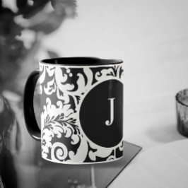 Modern Black & White Elegant Blommigt Damask bröll Mugg