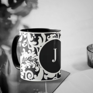 Modern Black & White Elegant Blommigt Damask bröll Mugg
