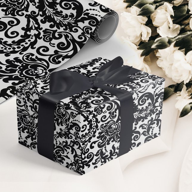 Modern Black & White Elegant Blommigt Damask bröll Presentpapper (elegant black and white floral damask wedding wrapping paper)