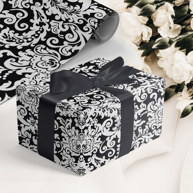 Modern Black & White Elegant Blommigt Damask bröll Presentpapper (elegant black and white floral damask wedding wrapping paper)