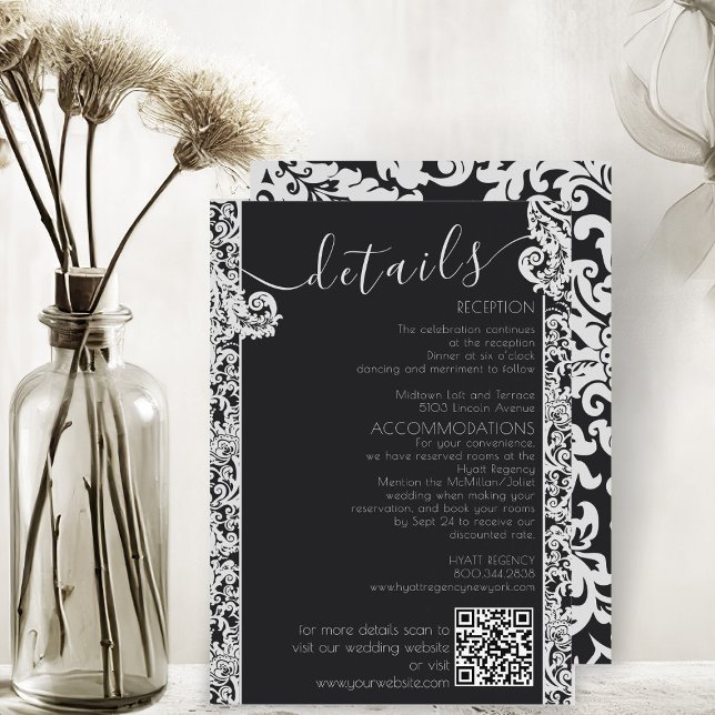 Modern Black & White Elegant Blommigt Damask bröll Tilläggskort (modern black and white elegant floral damask wedding details enclosure card)