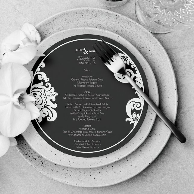 Modern Black White Elegant Blommigt Damask Wedding Meny (elegant black and white floral damask round menu for wedding plate)