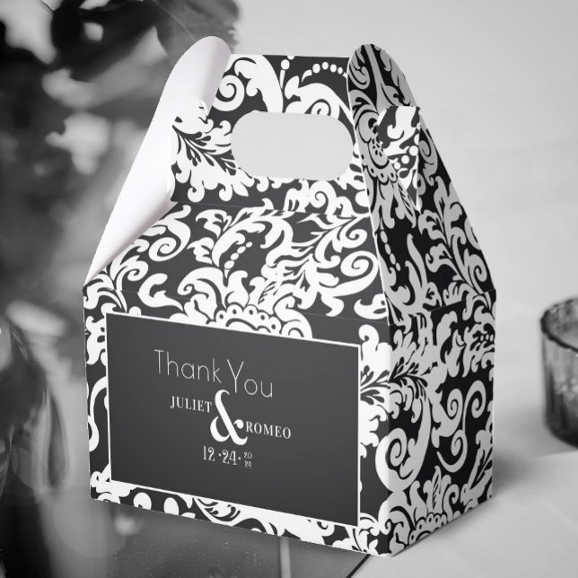 Modern Black White Elegant Blommigt Damask Wedding Presentaskar (elegant black and white wedding favor gift box)