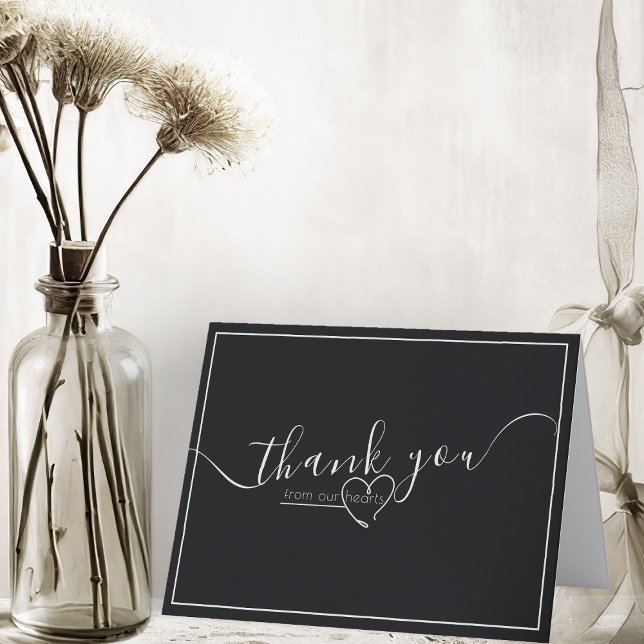 Modern Black & White Elegant Calligraphy Bröllop Tack Kort (modern black and white elegant script folded thank you card)