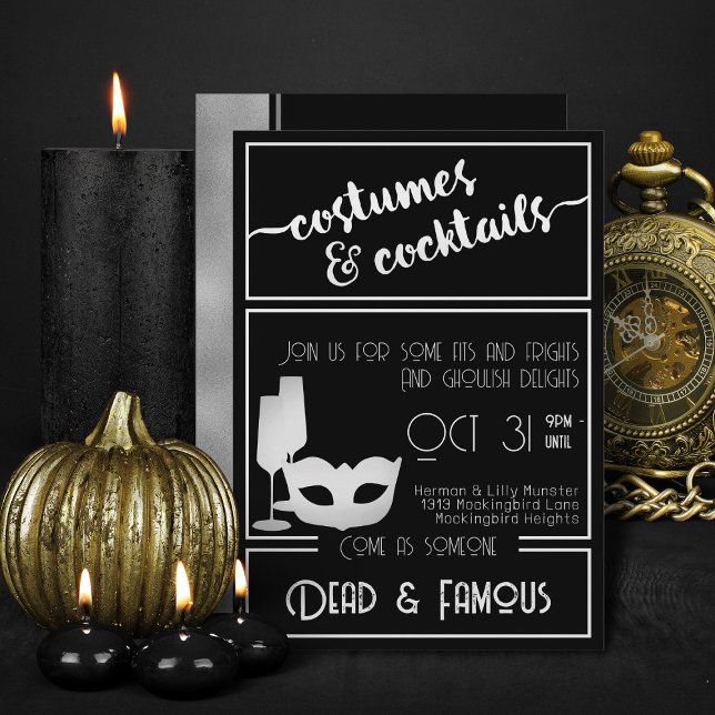 Modern Black White Elegant Halloween fest Inbjudningar (Elegant Black And White costumes and cocktails Halloween invitations)