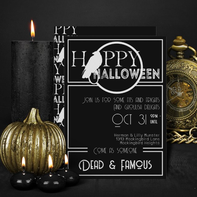 Modern Black White Elegant Vuxen Halloween fest Inbjudningar (Elegant black and white flat halloween invitations)