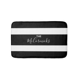 Modern Black White Family Monogram med stripe Badrumsmatta