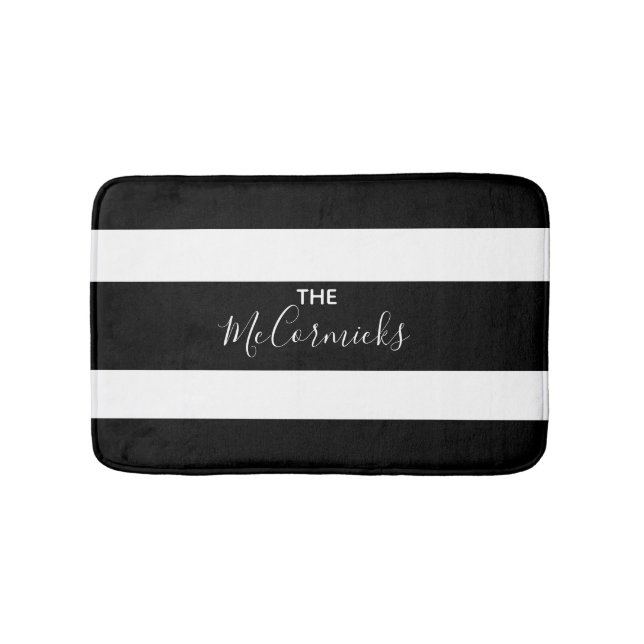 Modern Black White Family Monogram med stripe Badrumsmatta (Framsidan)