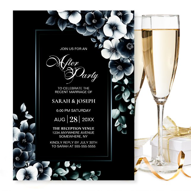 Modern Black White Floral Wedding After Party Inbjudningar (Skapare uppladdad)