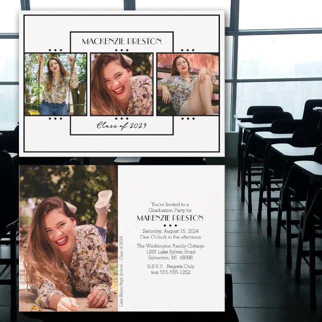 Modern Black White Four Photo Grad Party Inbjudningar (Pretty black and white modern grad party invitation.  Personalized with four photos.)