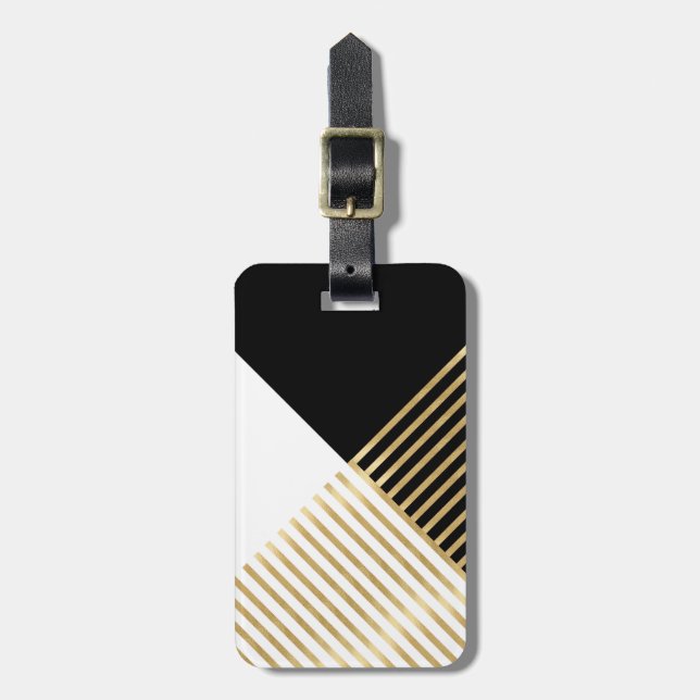 Modern Black White Geometric Guld Rand Bagagebricka (Vertikal Framsida)