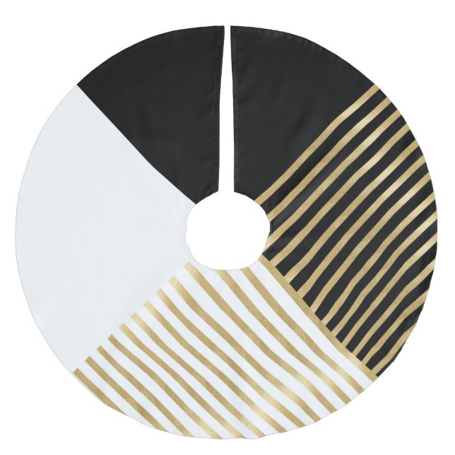 Modern Black White Geometric Guld Rand Julgransmatta Borstad Polyester (Framsidan)