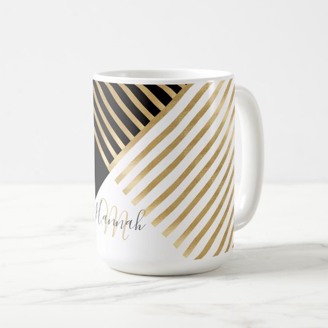 Modern Black White Geometric Guld Rand Kaffemugg (Framsida höger)