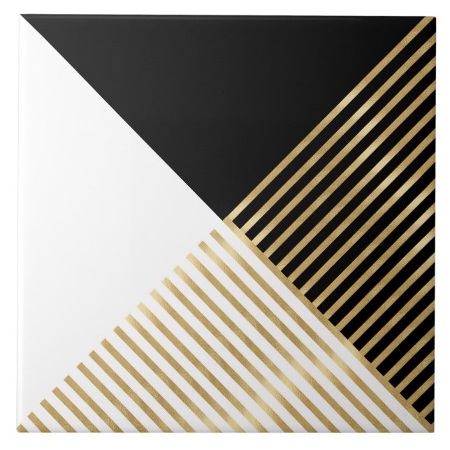 Modern Black White Geometric Guld Rand Kakelplatta (Framsidan)