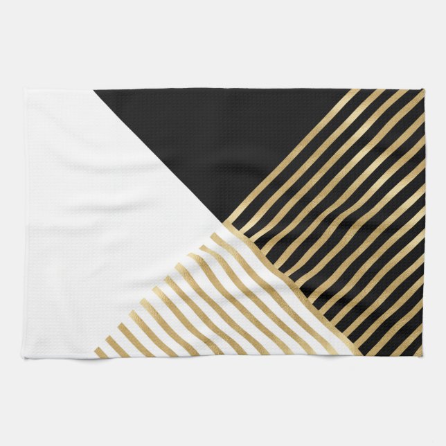 Modern Black White Geometric Guld Rand Kökshandduk (Horisontell)