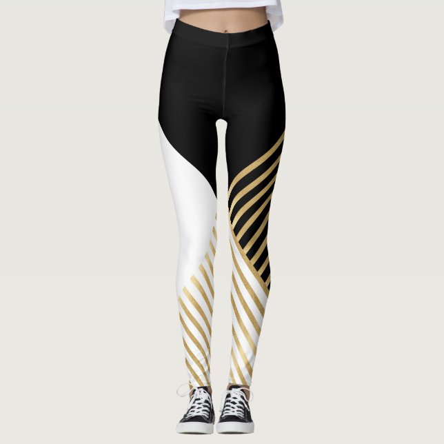 Modern Black White Geometric Guld Rand Leggings (Framsida)
