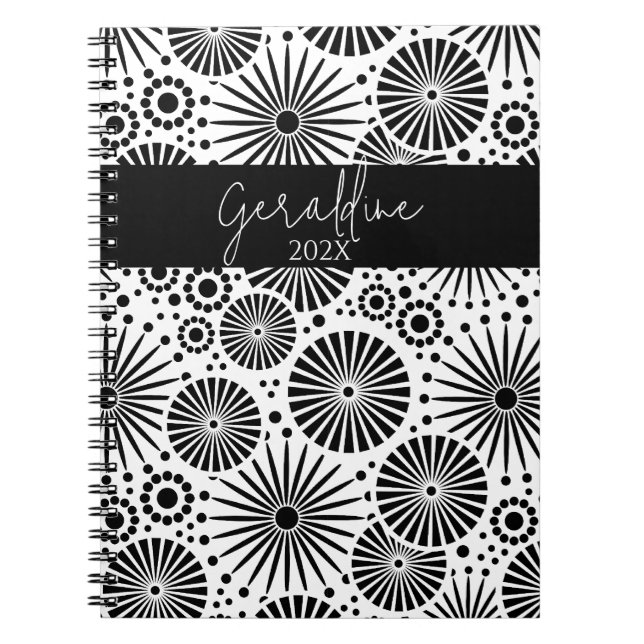 Modern black white geometric starburst Name  Anteckningsbok (Framsidan)