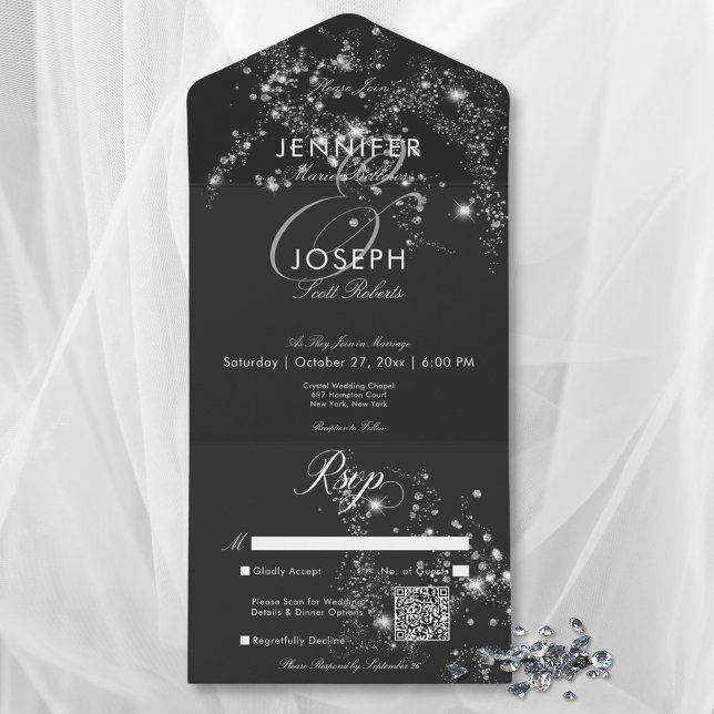 Modern Black & White Glam Diamonds QR-kod (Modern Black & White Glam Diamonds QR Code All In One Invitation)