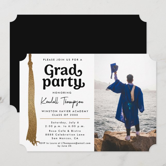 Modern Black White Gold Tassel Grad Party-foto Inbjudningar (Fram/baksida)