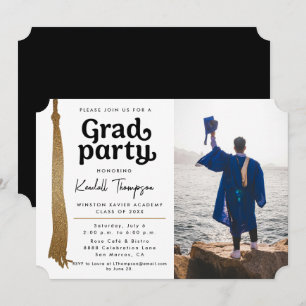 Modern Black White Gold Tassel Grad Party-foto Inbjudningar