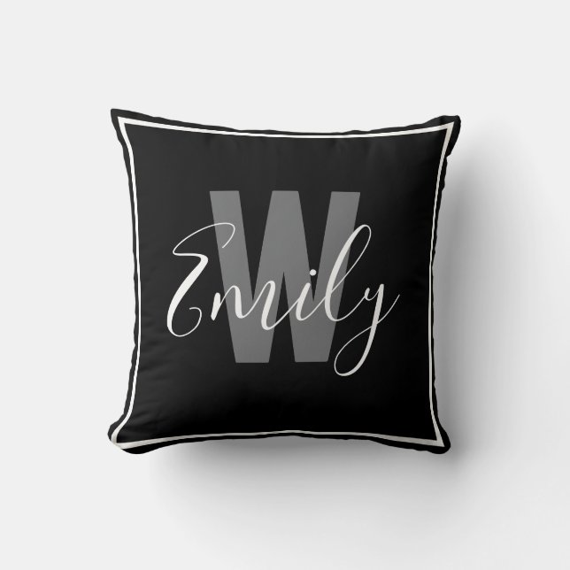 Modern Black White Gräns Monogram Kudde (Framsida)