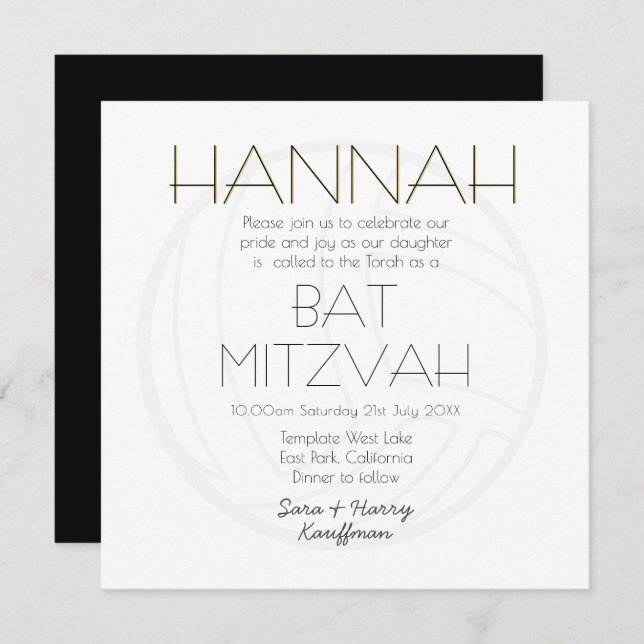 Modern Black White Guld BAT MITZVAH Volleyball Inbjudningar (Fram/baksida)