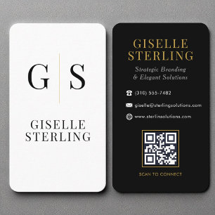 Modern Black White Guld Monogram QR-kod Visitkort