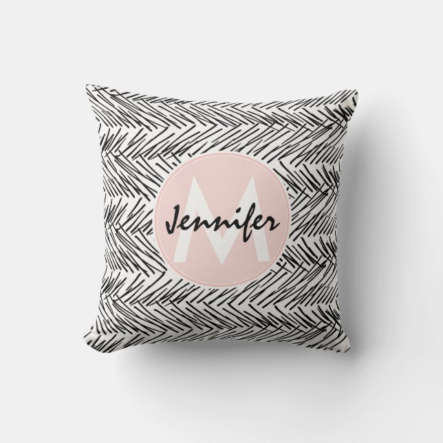 Modern Black & White Hand plockade Zigzag Monogram Kudde (Framsida)