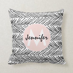 Modern Black & White Hand plockade Zigzag Monogram Kudde
