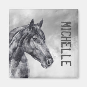 Modern Black White Horse Namn Watercolor Magnet