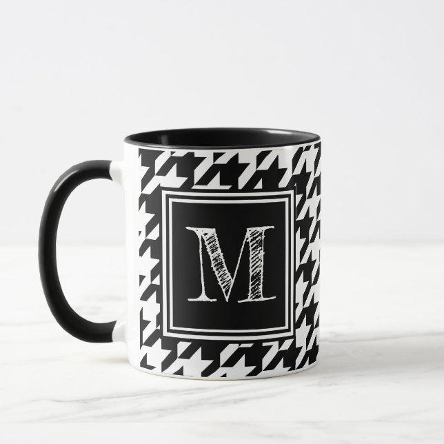 Modern Black White Houndstooth Monogram Mugg (Vänster)