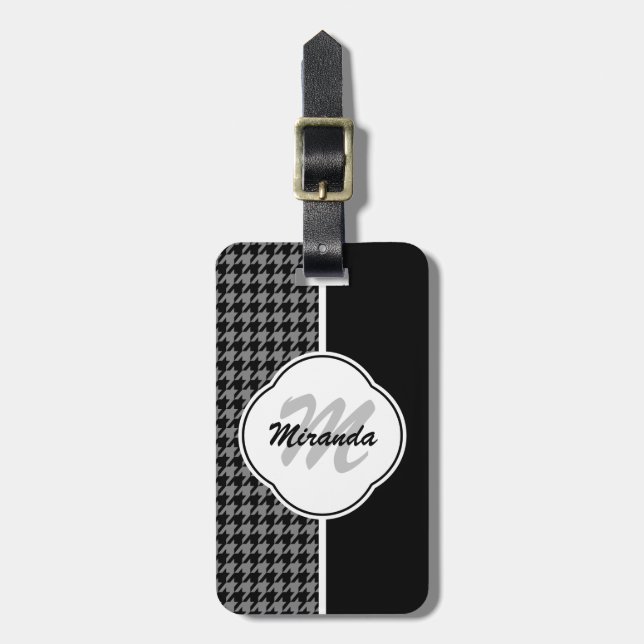 Modern Black White Houndstooth Monogram och Namn Bagagebricka (Vertikal Framsida)