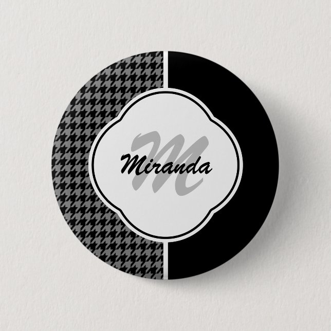 Modern Black White Houndstooth Monogram och Namn Knapp (Framsida)