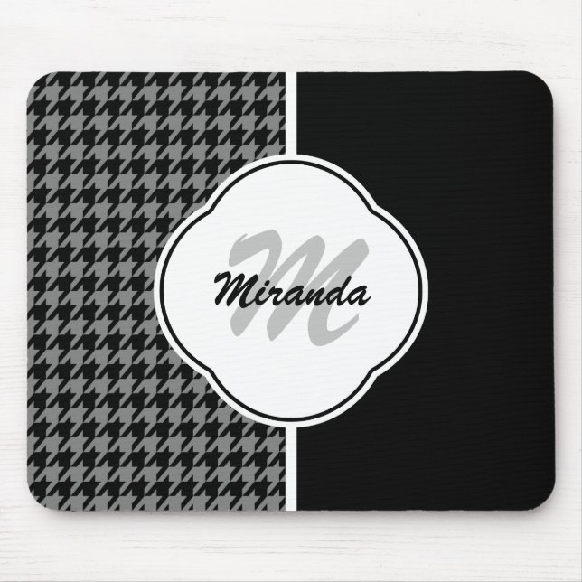 Modern Black White Houndstooth Monogram och Namn Musmatta (Framsidan)