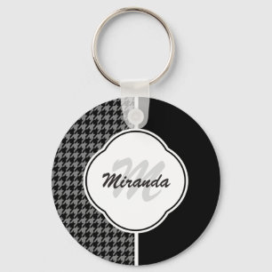 Modern Black White Houndstooth Monogram och Namn Nyckelring