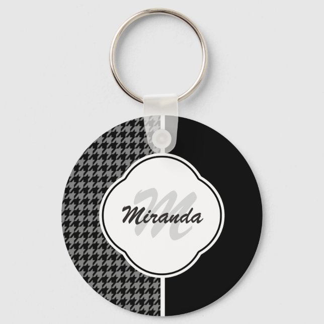 Modern Black White Houndstooth Monogram och Namn Nyckelring (Framsida)