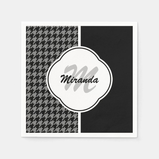 Modern Black White Houndstooth Monogram och Namn Pappersservett (Framsidan)