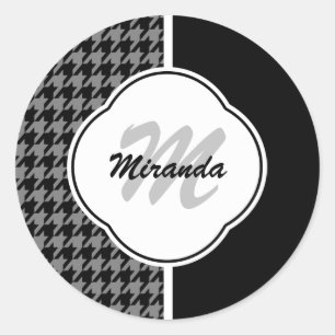Modern Black White Houndstooth Monogram och Namn Runt Klistermärke