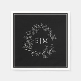 Modern Black White Leafy Vapensköld Monogram Bröll Pappersservett
