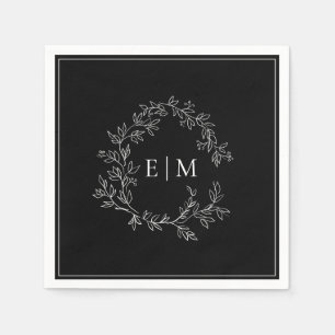 Modern Black White Leafy Vapensköld Monogram Bröll Pappersservett