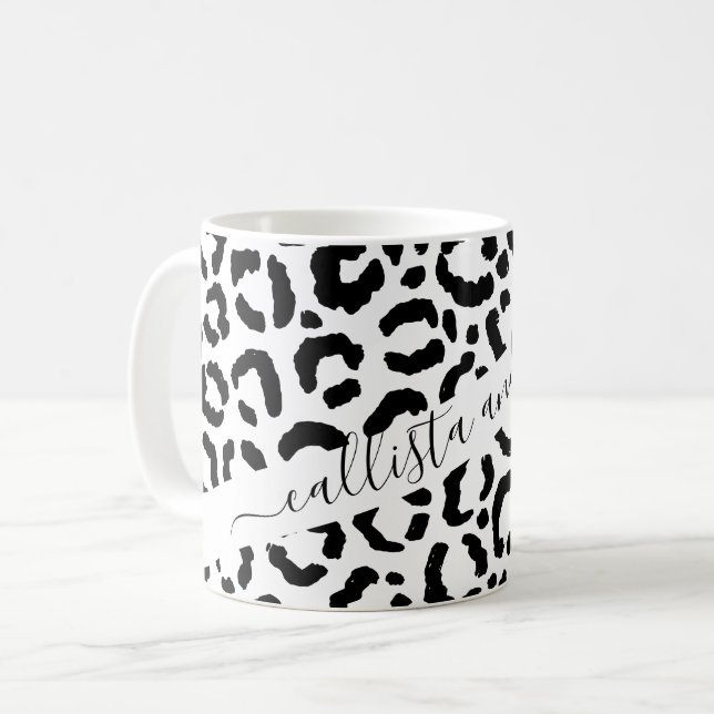 Modern Black White Leopard Animal Print Mönster Kaffemugg (Framsida vänster)