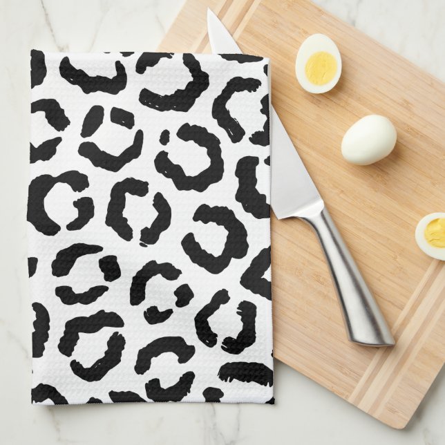 Modern Black White Leopard Animal Print Mönster Kökshandduk (Vikt i Fjärdedel)