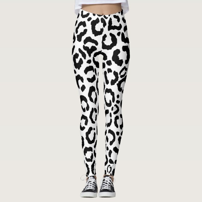 Modern Black White Leopard Animal Print Mönster Leggings (Framsida)